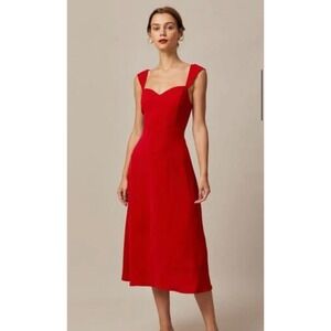 Rihoas Red Sweetheart Midi Dress Smocked Back Wide Straps Slim Fit Size S
